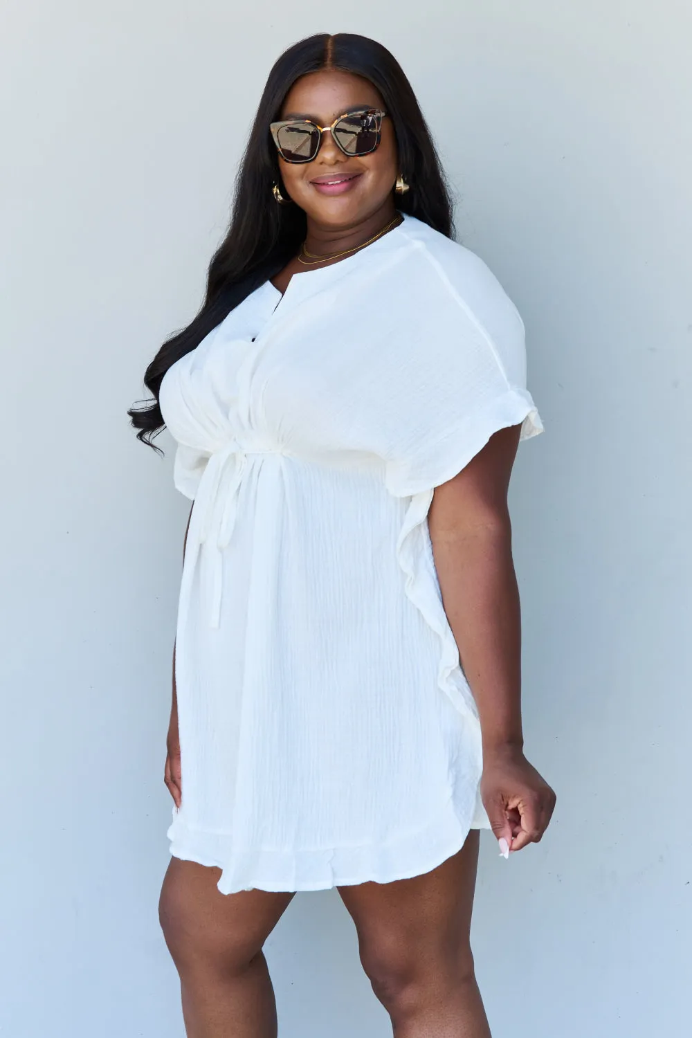 Ninexis Ruffle Hem Dress with Drawstring Waistband in White