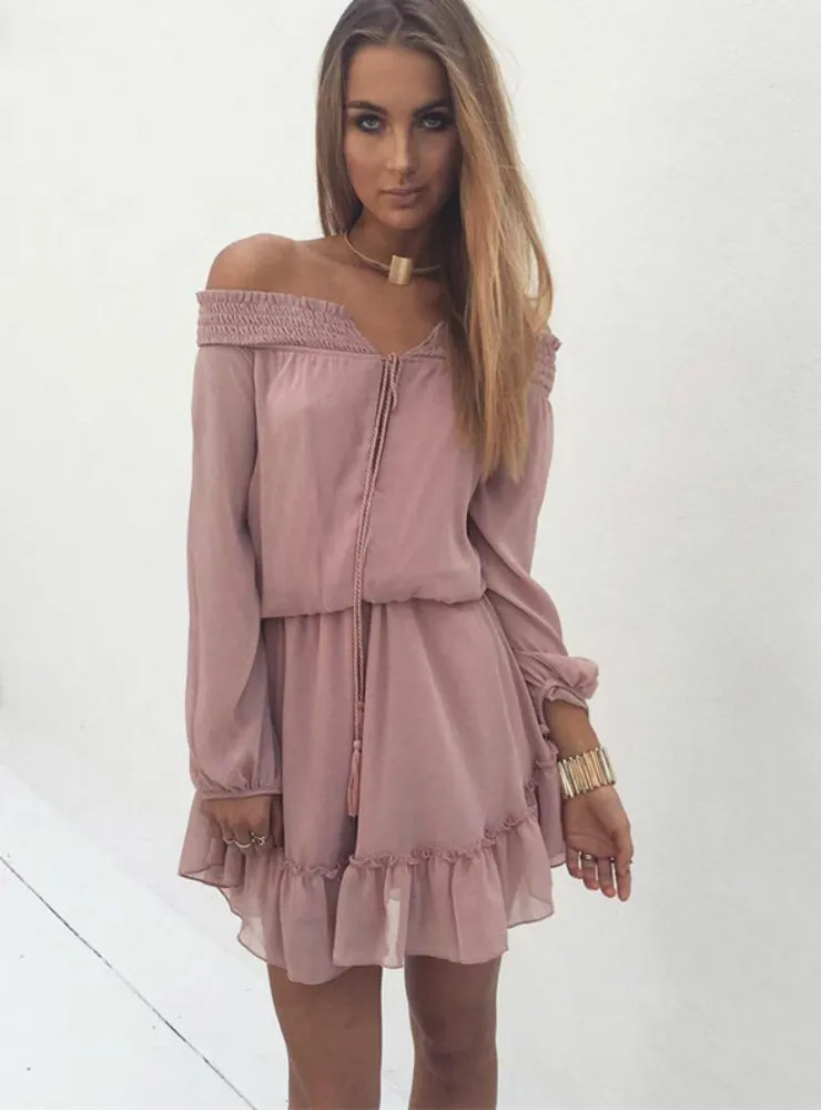 Off Shoulder Long Lantern Sleeve Chiffon Vintage Dress