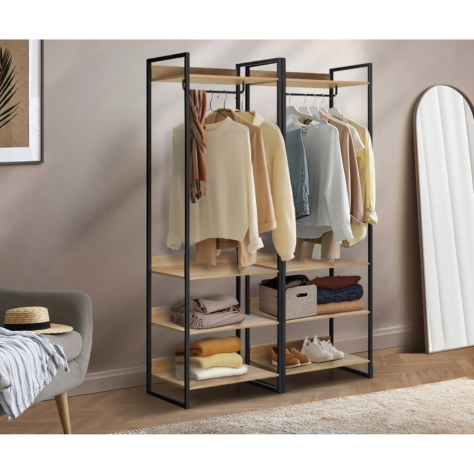 Oikiture Clothes Rack Open Wardrobe Garment Coat 4 shelves Hanging Rail Metal