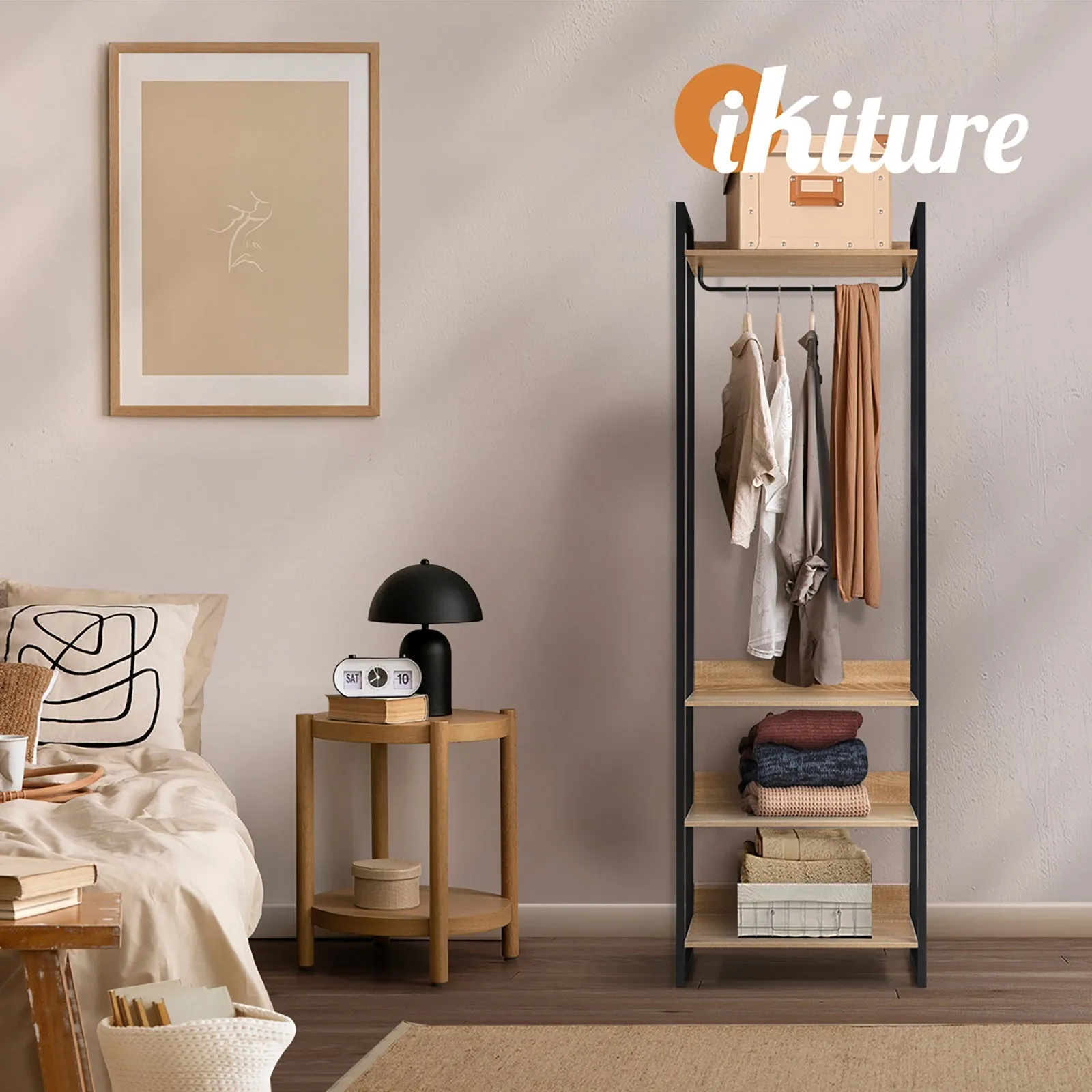 Oikiture Clothes Rack Open Wardrobe Garment Coat 4 shelves Hanging Rail Metal