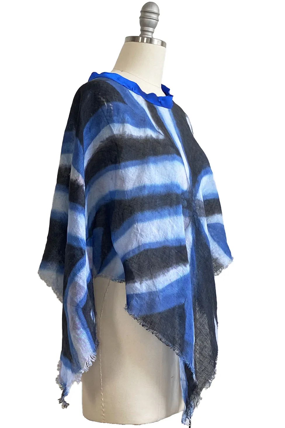 Open Weave Linen Poncho w/ Shibori Itajime Dye - Blue, White & Black