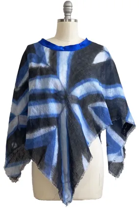 Open Weave Linen Poncho w/ Shibori Itajime Dye - Blue, White & Black