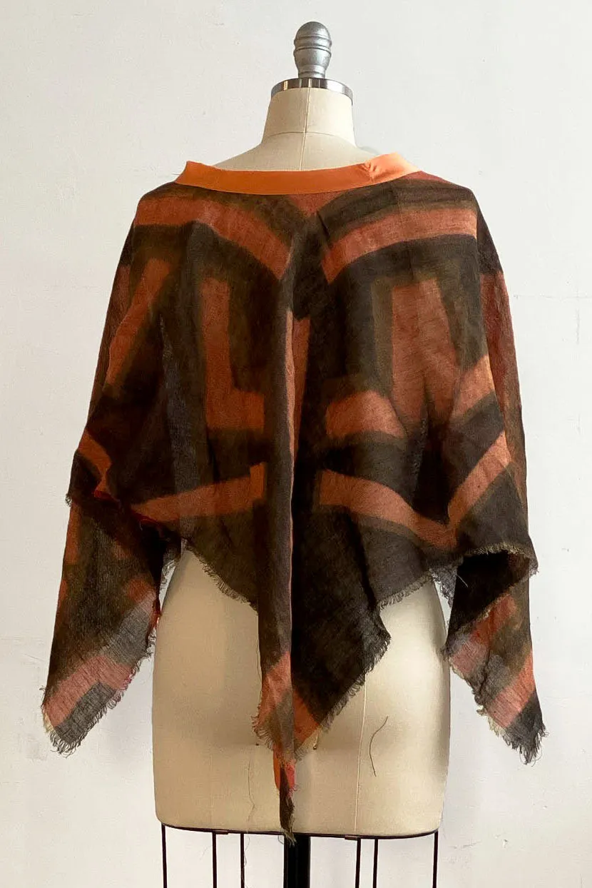 Open Weave Linen Poncho w/ Shibori Itajime Dye - Orange & Brown