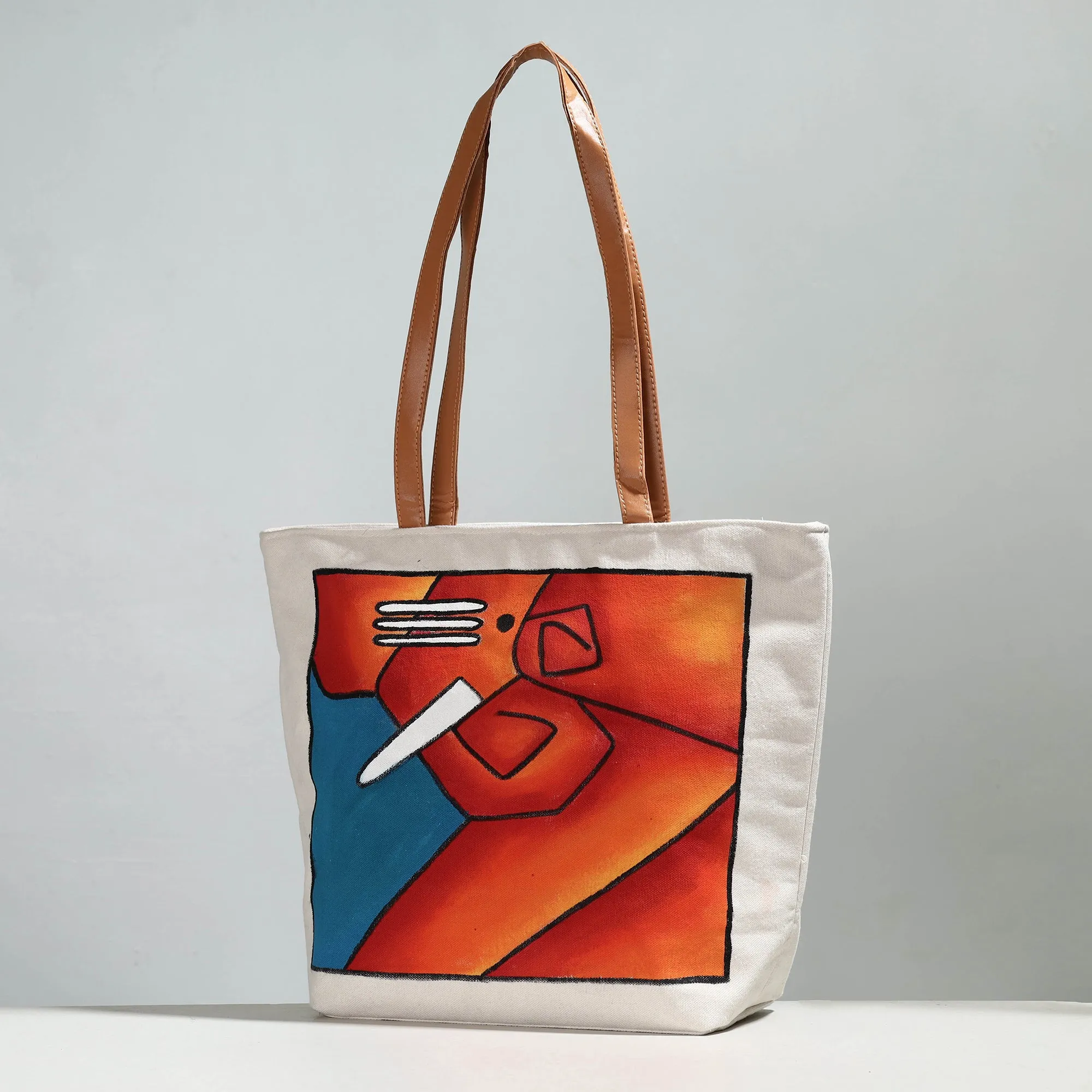 Orange - Ganesha - Handpainted Canvas Cotton Shoulder Bag