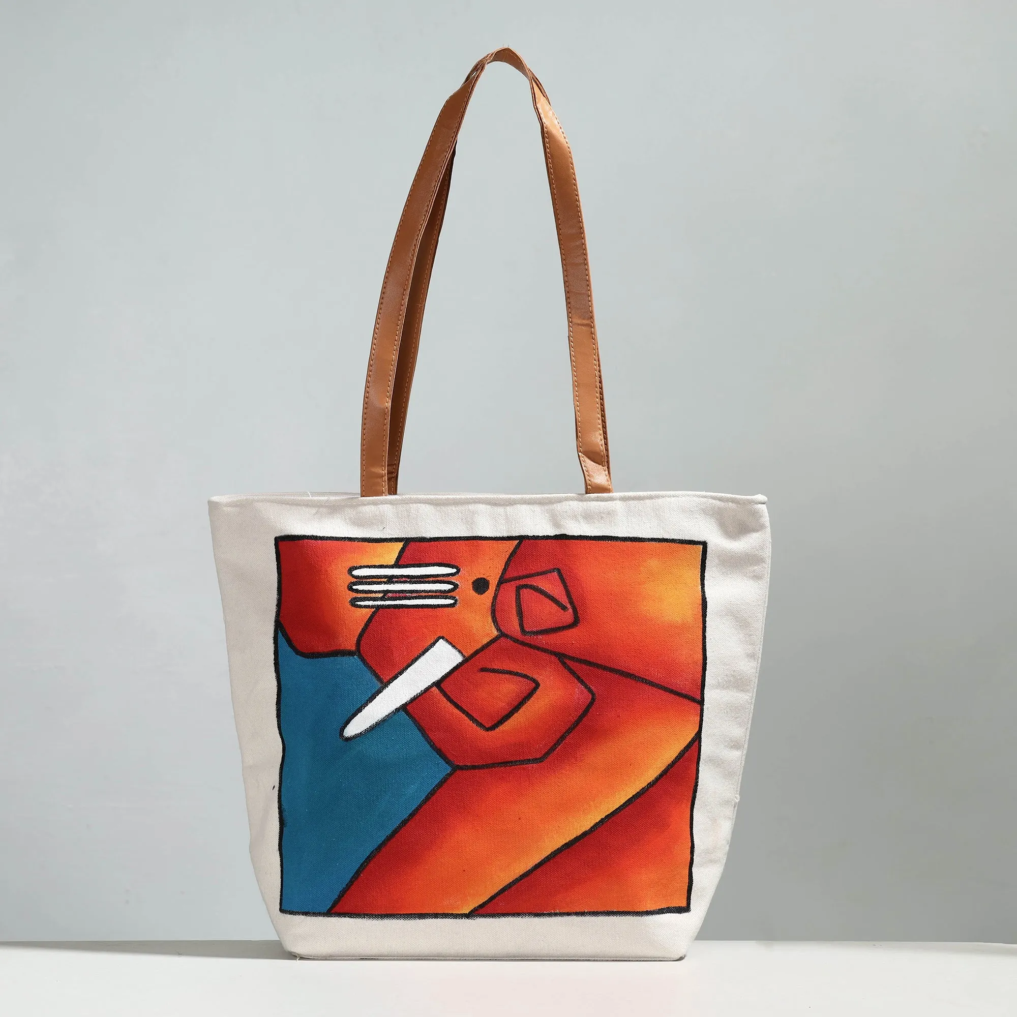 Orange - Ganesha - Handpainted Canvas Cotton Shoulder Bag