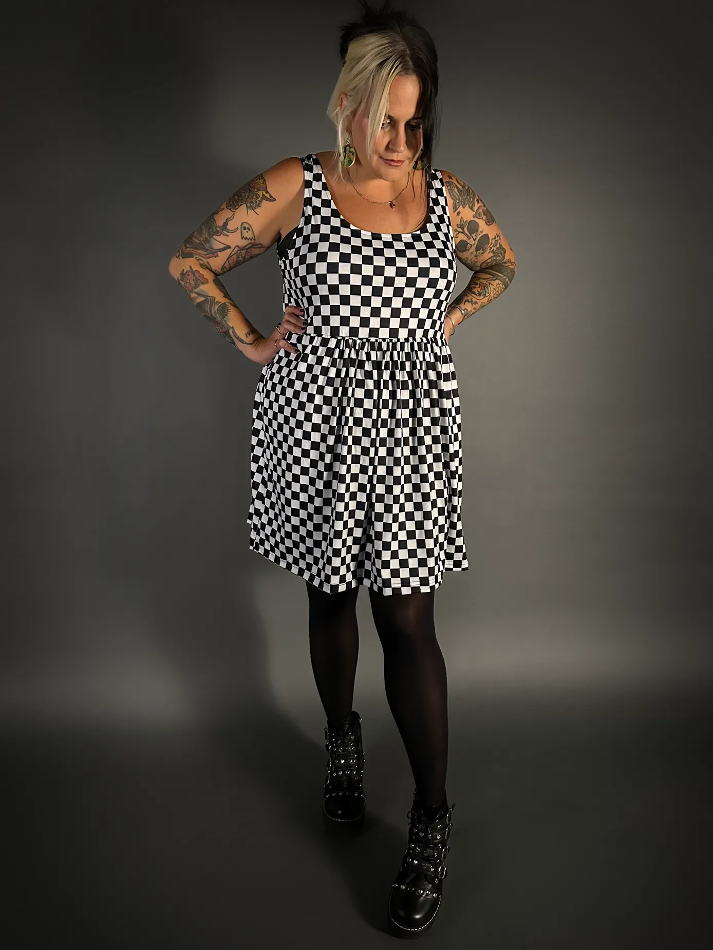 Outfit Set - Tommyrot Checkered Skater Dress & 50 Denier Black Tights by Pamela Mann