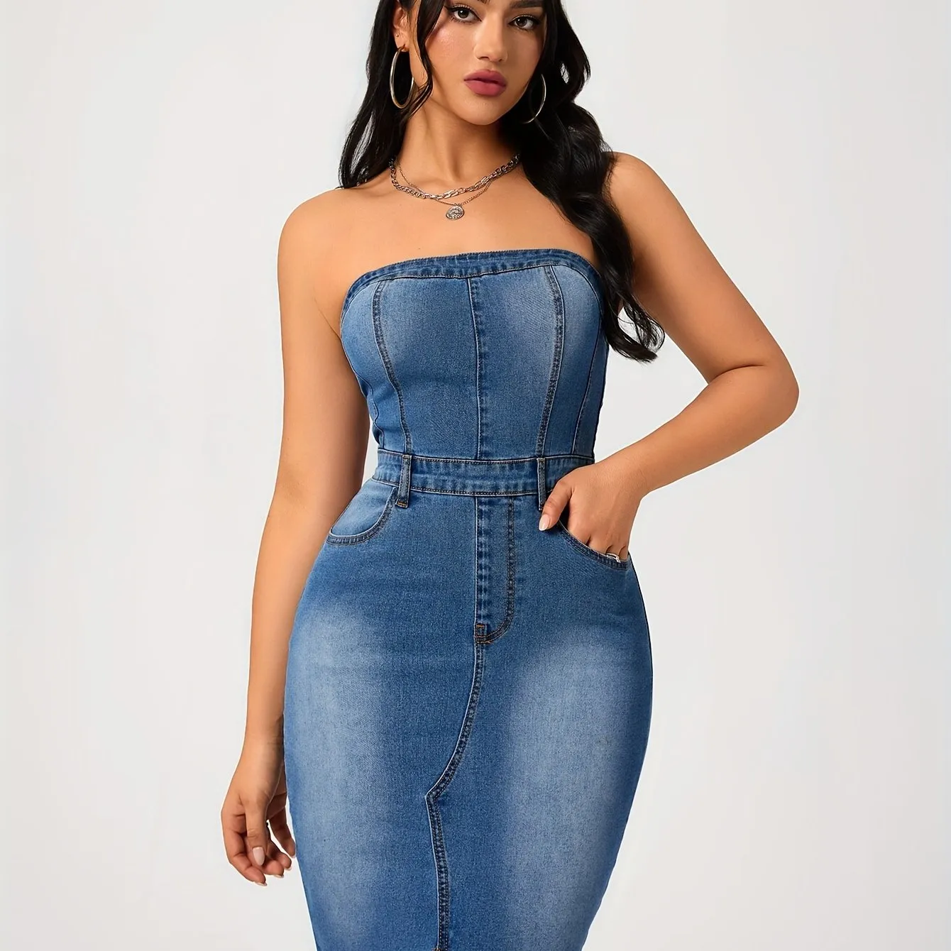 Plain Washed Blue Split Front Bandeau Zipper Bodycon Midi Denim Dress, Women's Denim Jeans & Clothing