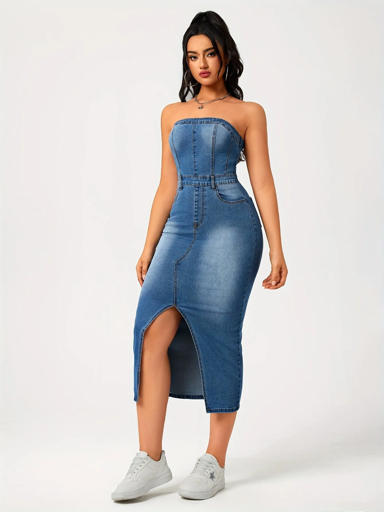 Plain Washed Blue Split Front Bandeau Zipper Bodycon Midi Denim Dress, Women's Denim Jeans & Clothing