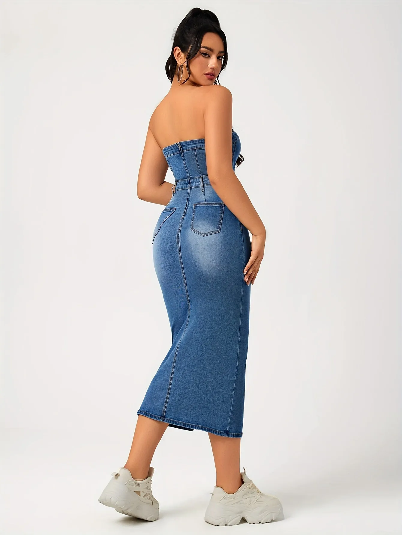 Plain Washed Blue Split Front Bandeau Zipper Bodycon Midi Denim Dress, Women's Denim Jeans & Clothing