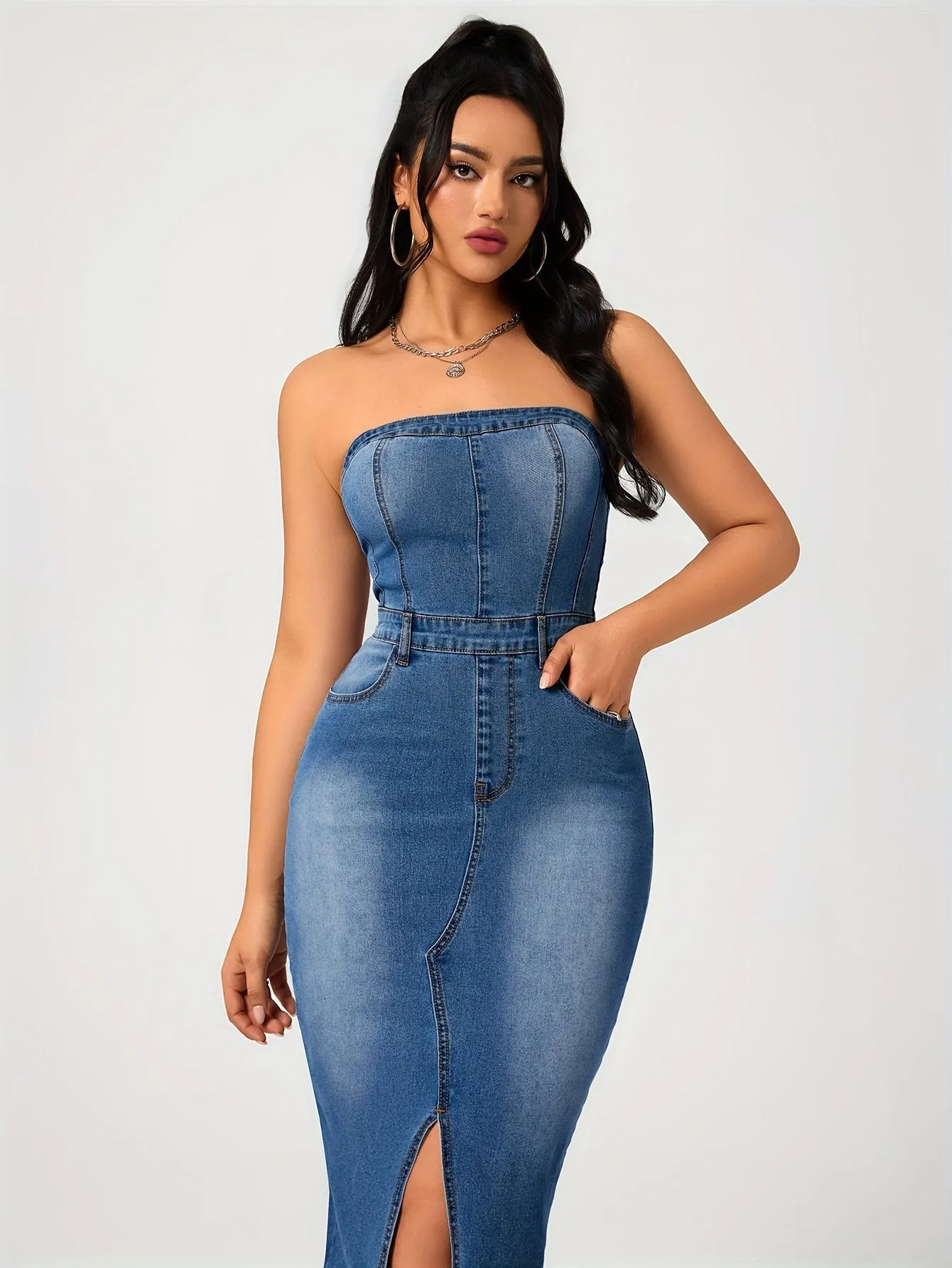 Plain Washed Blue Split Front Bandeau Zipper Bodycon Midi Denim Dress, Women's Denim Jeans & Clothing