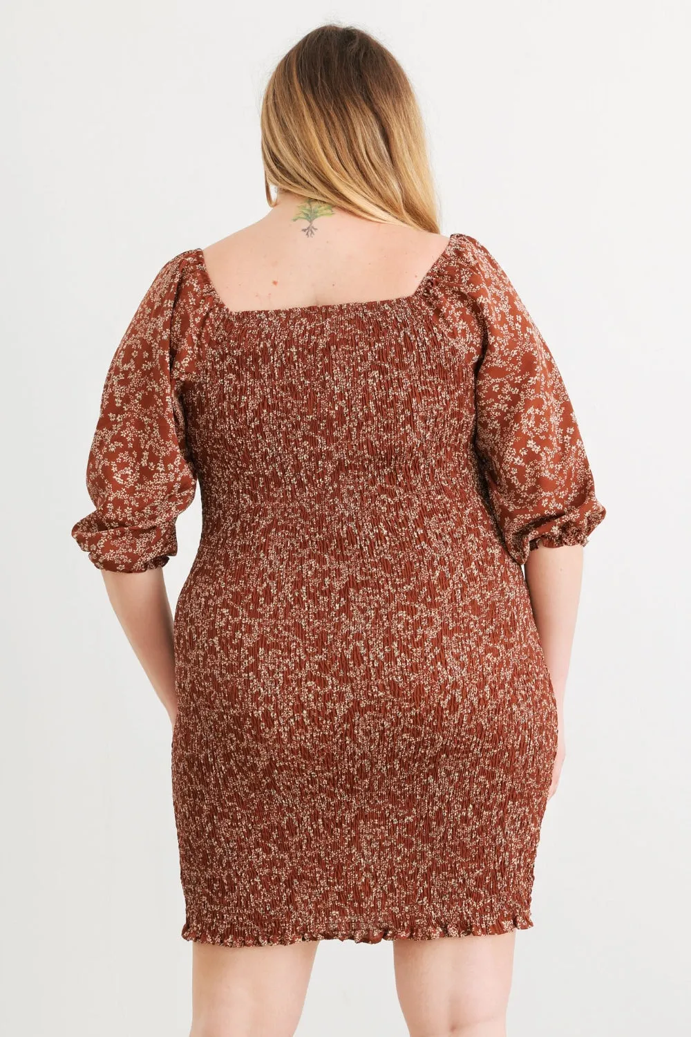 Plus Size Smocked Printed Square Neck Mini Dress