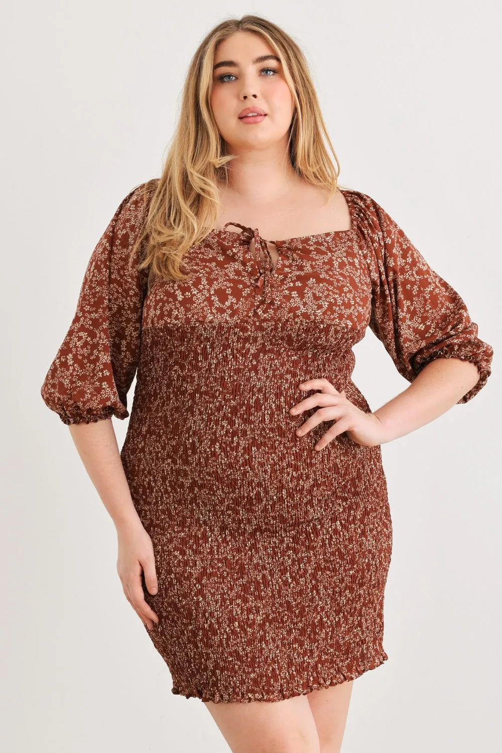 Plus Size Smocked Printed Square Neck Mini Dress