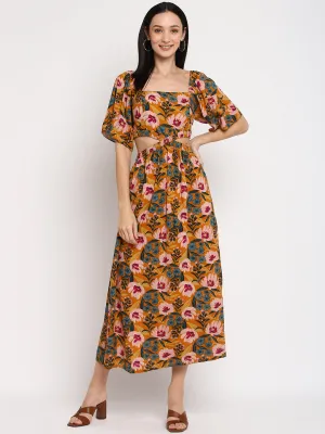 Porsorte Womens Orange Floral Print Casual Dress