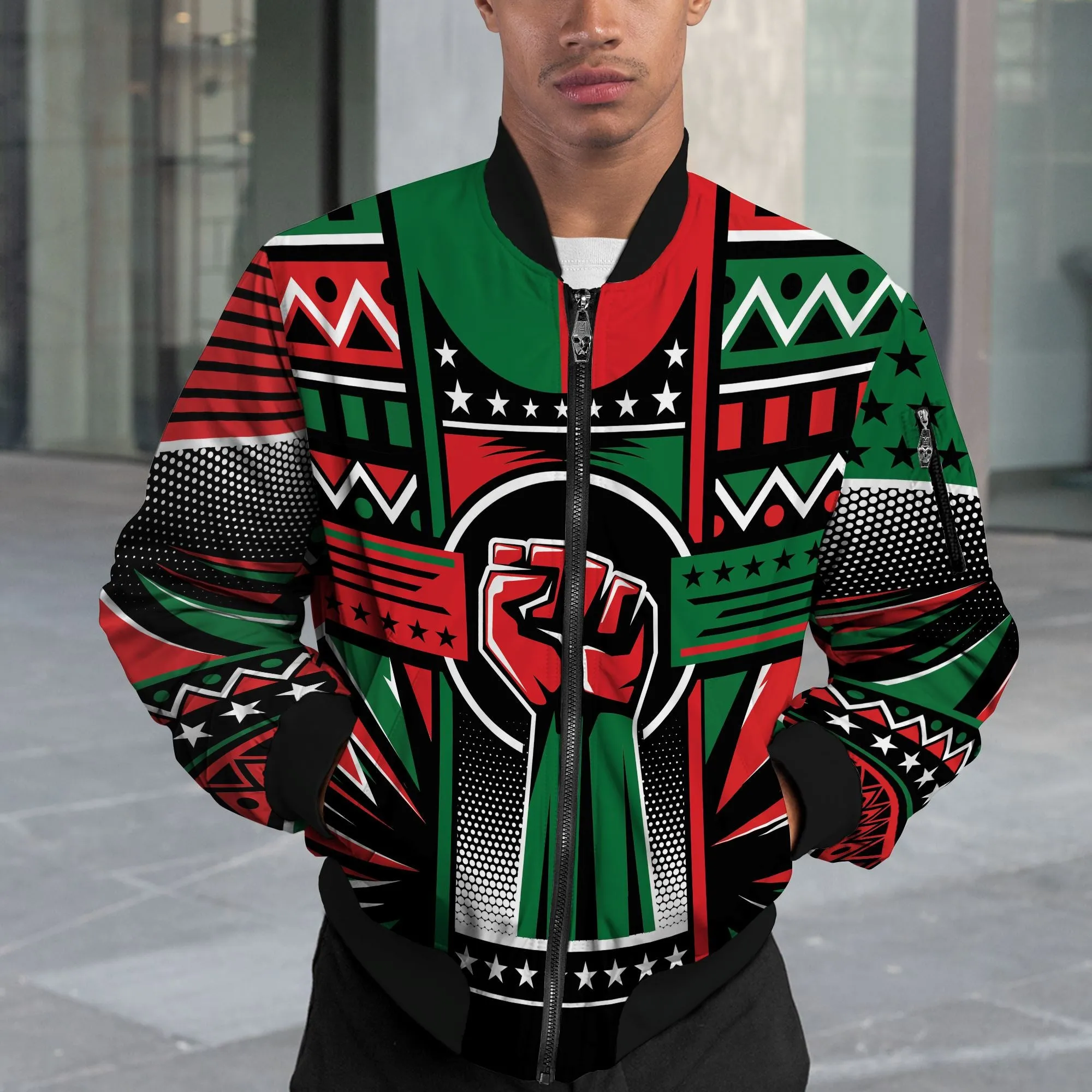 Power Fist And Patterns In Pan African Colors Bomber Jacket