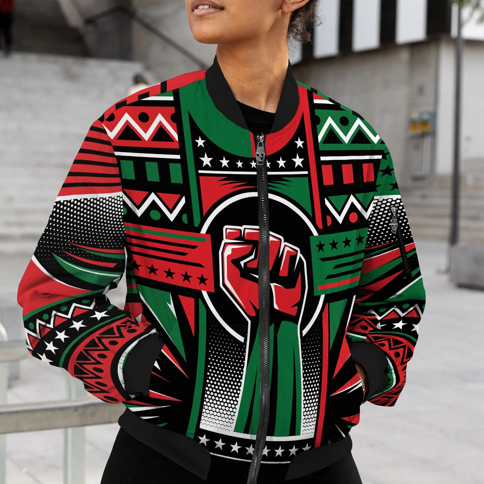 Power Fist And Patterns In Pan African Colors Bomber Jacket