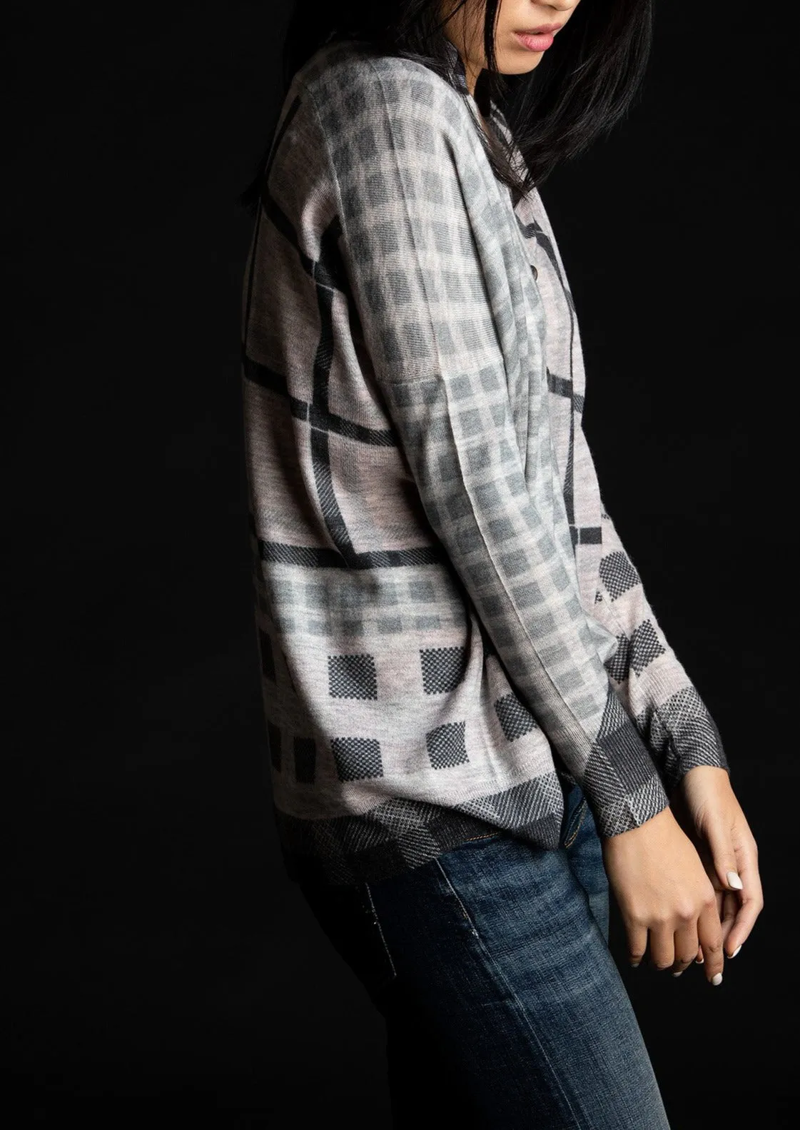 Printed Plaid Cardigan, Grey Multi