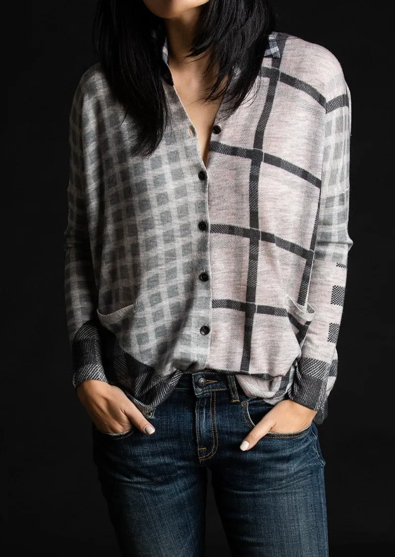 Printed Plaid Cardigan, Grey Multi