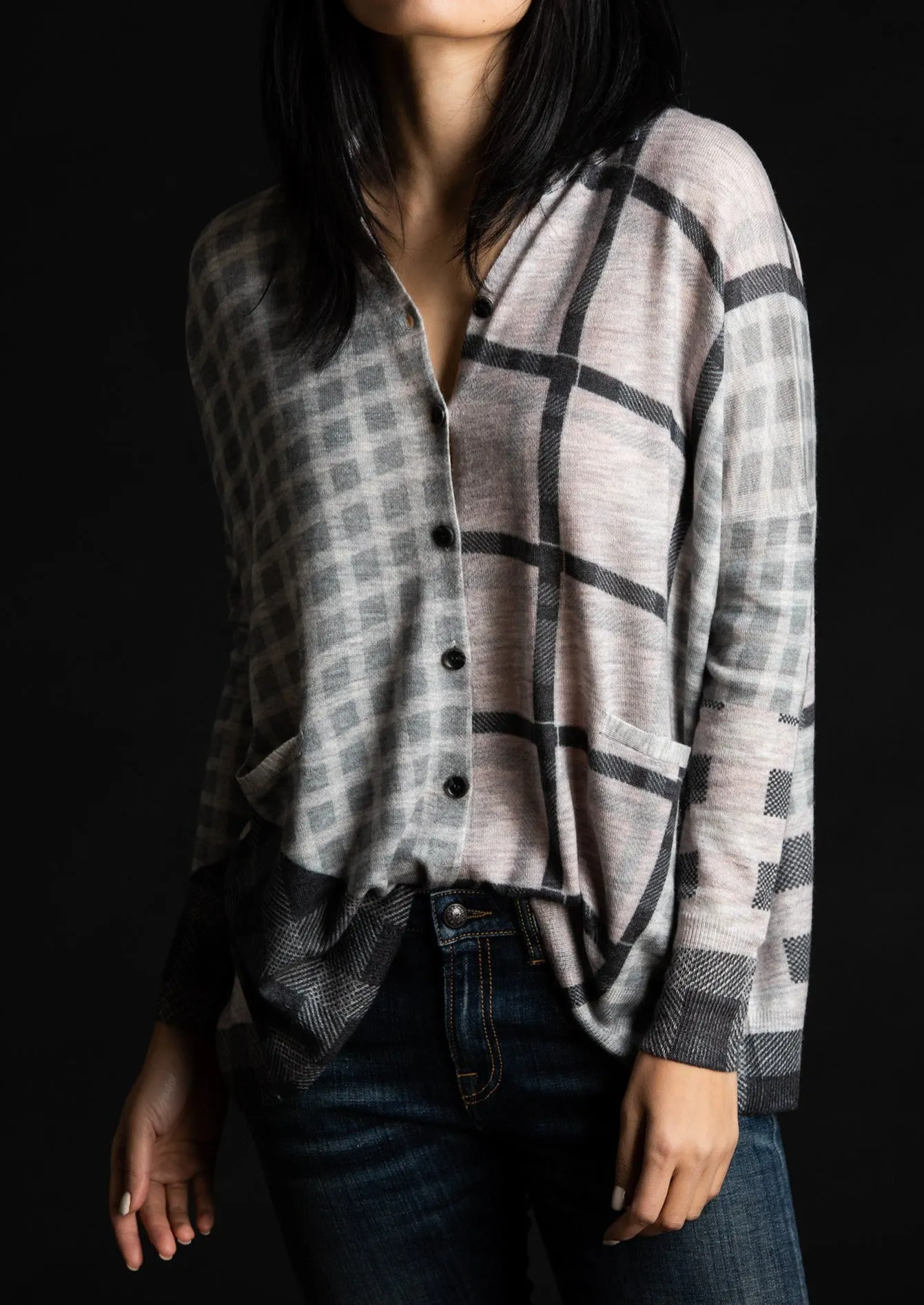 Printed Plaid Cardigan, Grey Multi