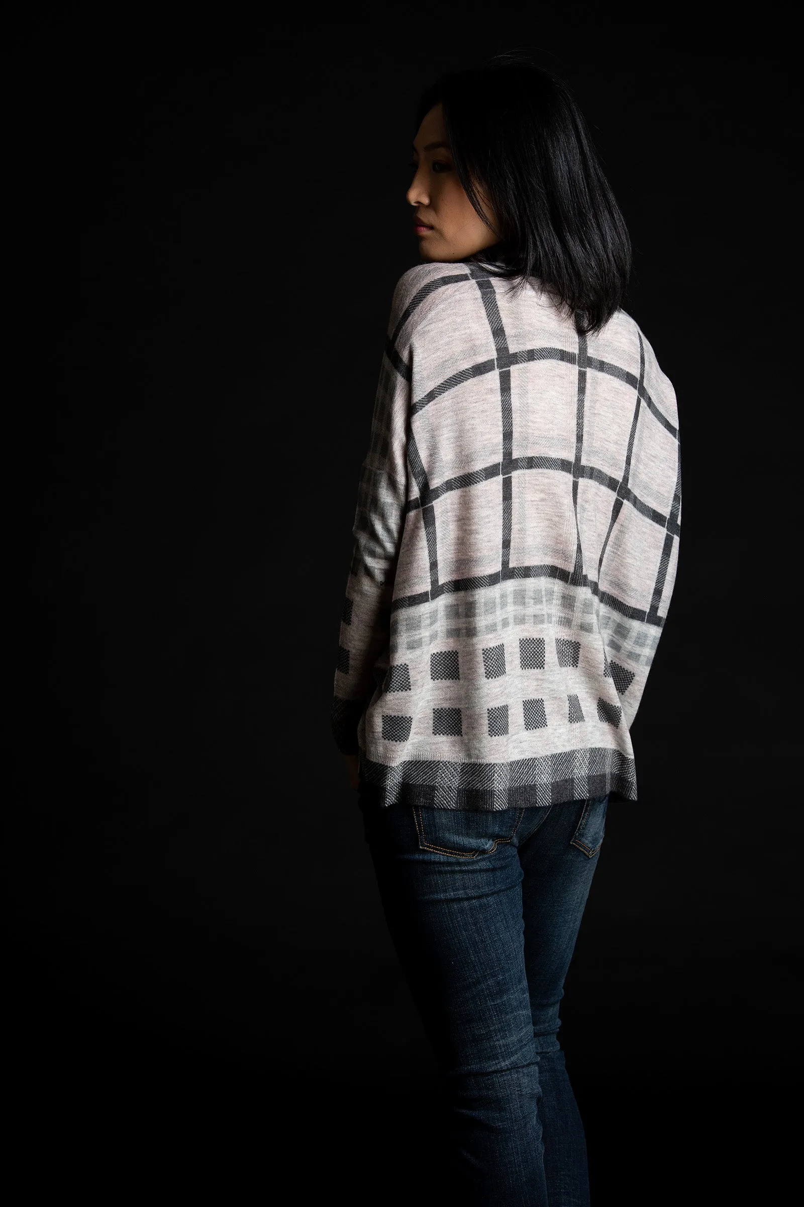 Printed Plaid Cardigan, Grey Multi