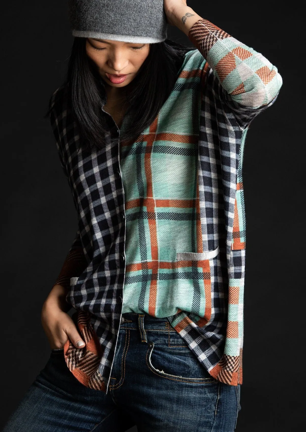 Printed Plaid Cardigan, Pistachio/Brandy