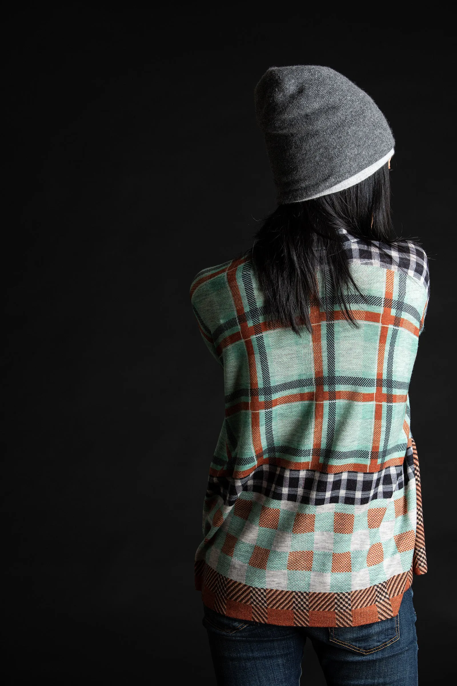 Printed Plaid Cardigan, Pistachio/Brandy