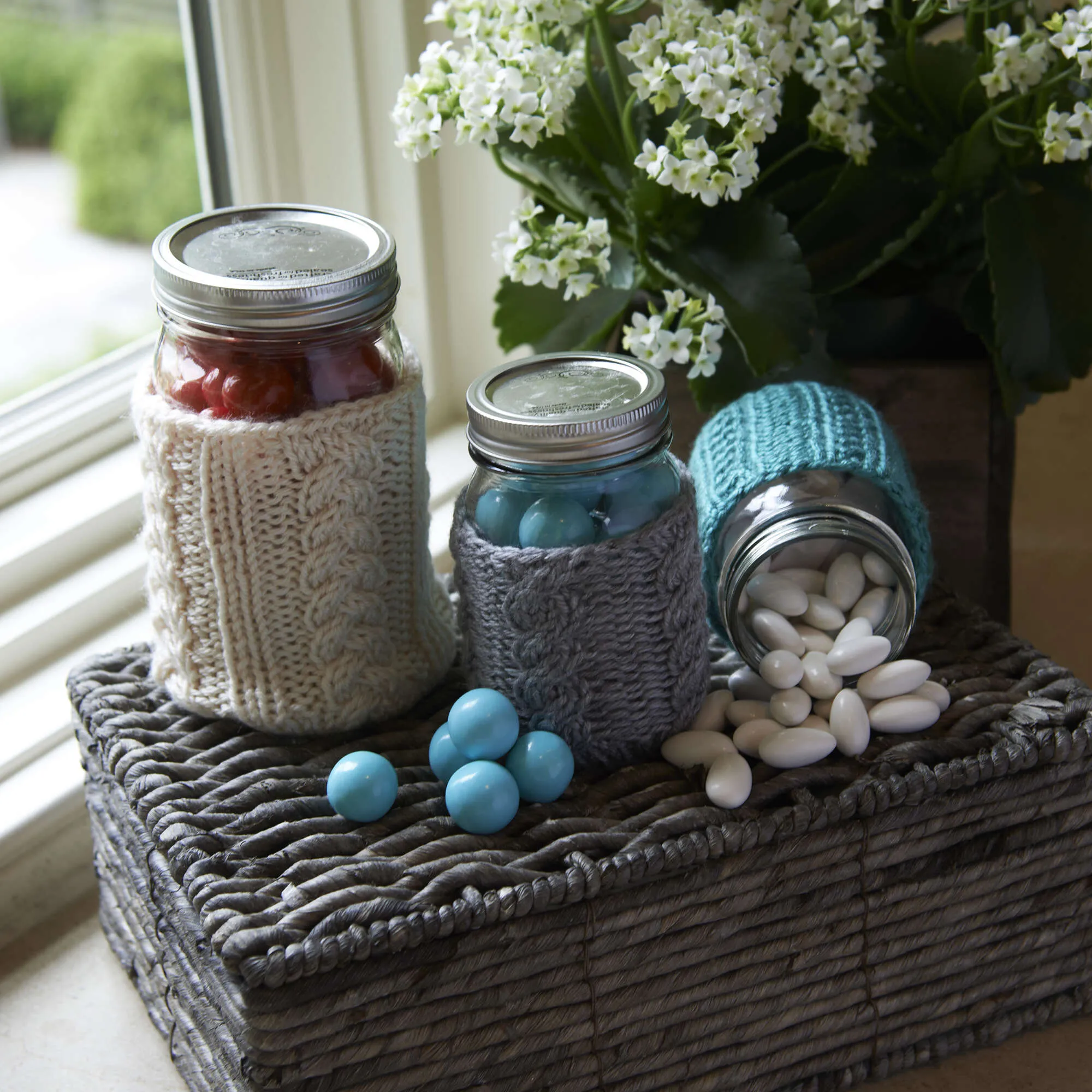 Red Heart Knit Cabled Jar Cozies