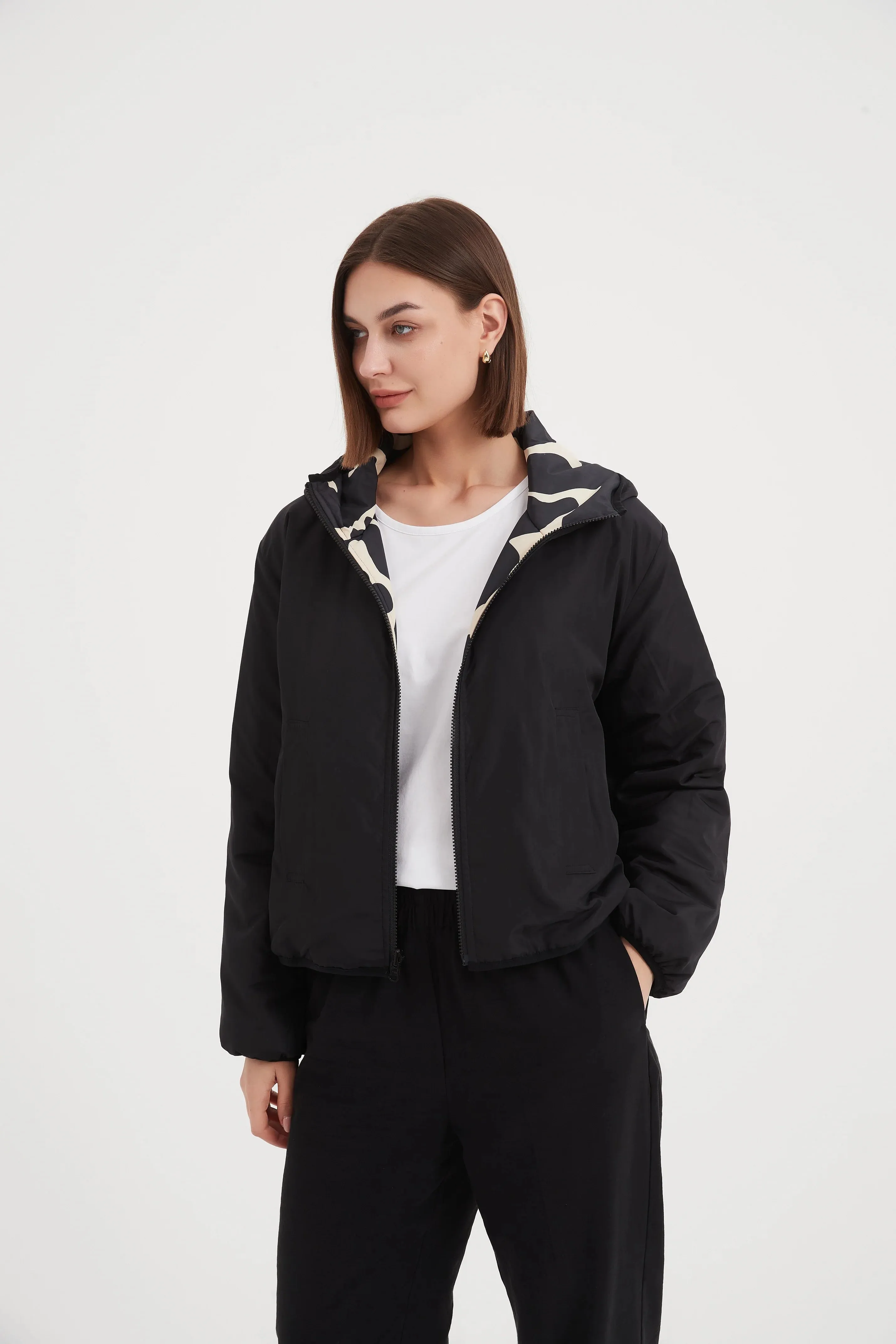 Reversible Print Puffer Jacket | Black/Cream Print