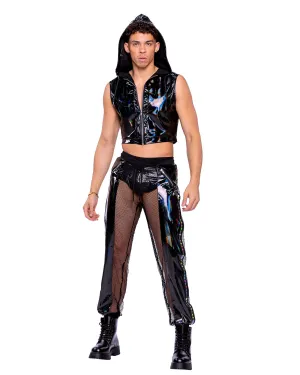 Roma Mens Rave Festival Vinyl with Iridescent Print Cropped Zip-Up Hooded Sleeveless Jacket