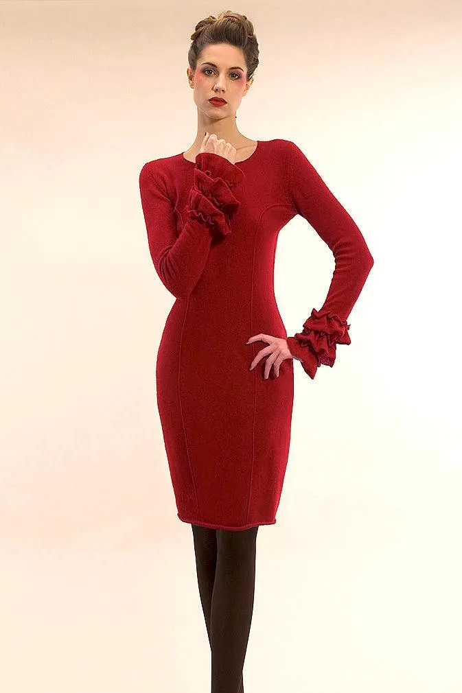 Ruffle cuff cashmere dress in deep red