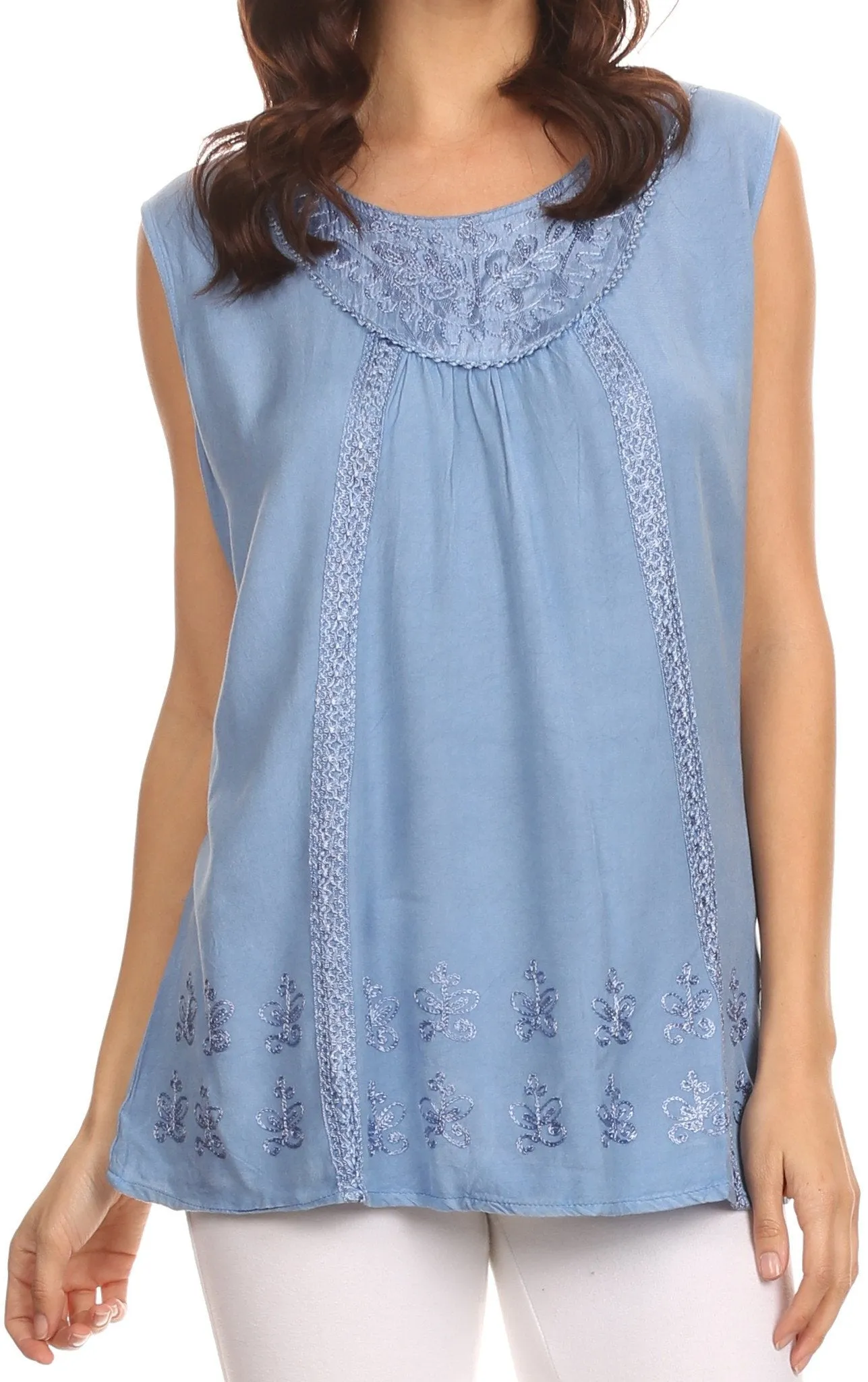 Sakkas Jil Wide Tank Top Sleeveless Embroidered Blouse With Embroidery Lace