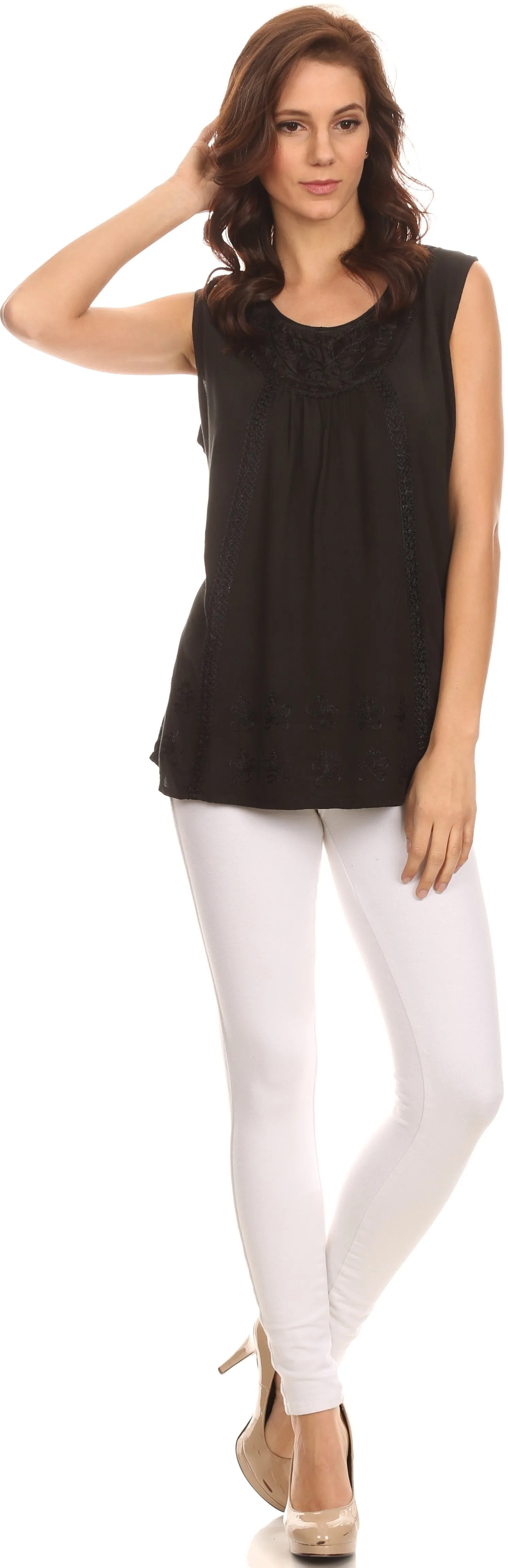 Sakkas Jil Wide Tank Top Sleeveless Embroidered Blouse With Embroidery Lace