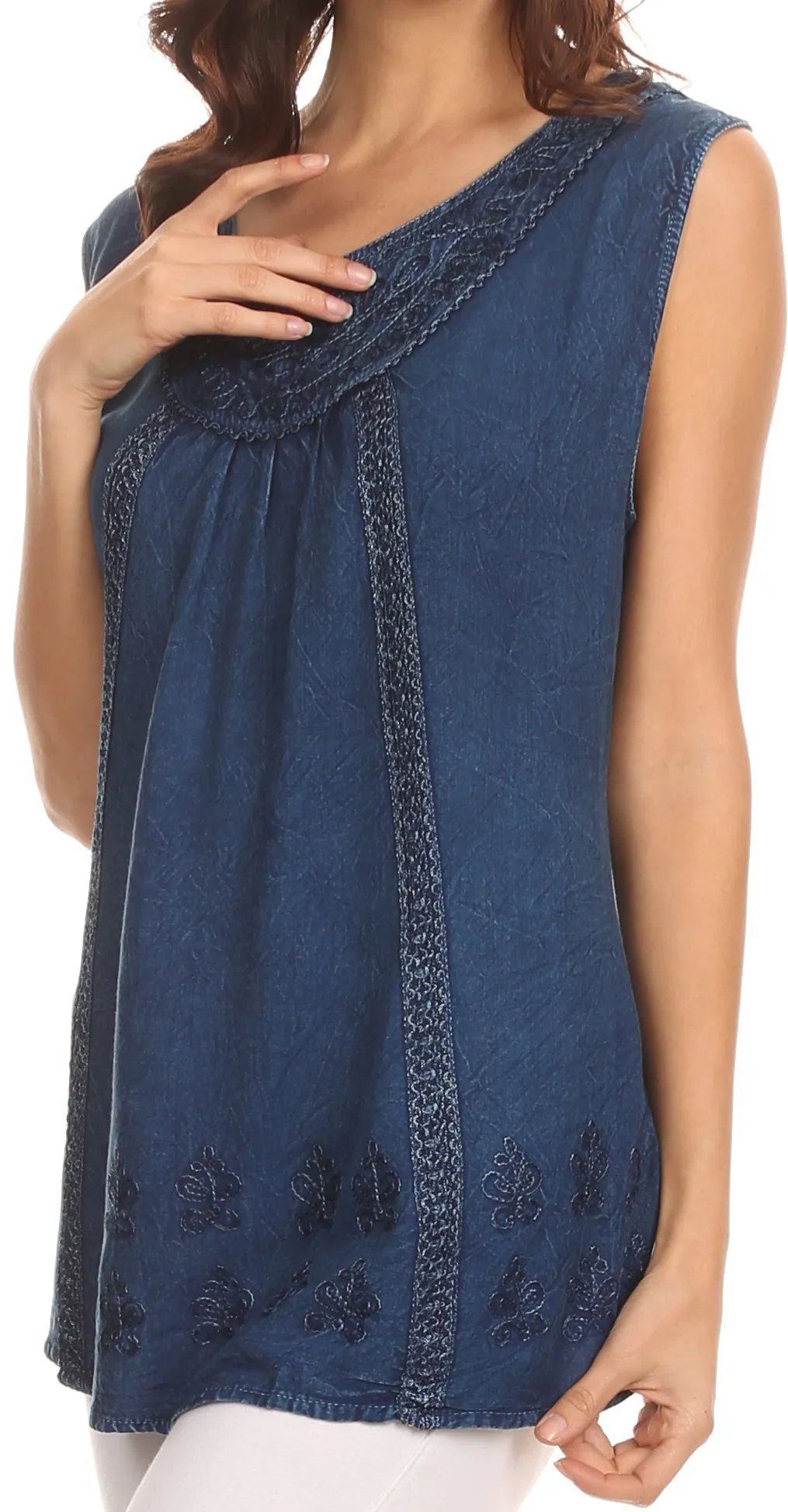 Sakkas Jil Wide Tank Top Sleeveless Embroidered Blouse With Embroidery Lace