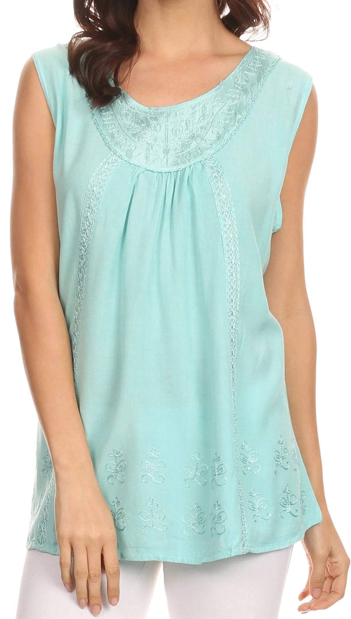 Sakkas Jil Wide Tank Top Sleeveless Embroidered Blouse With Embroidery Lace