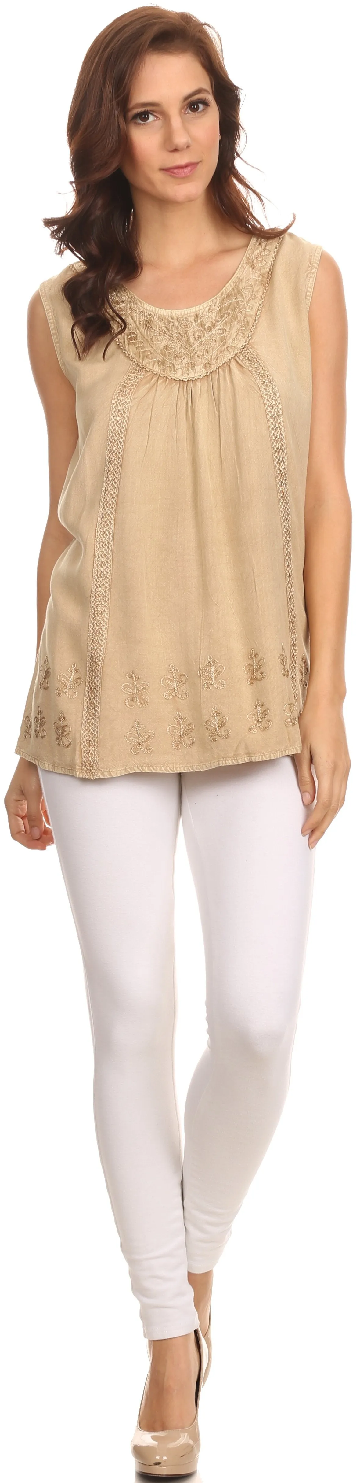 Sakkas Jil Wide Tank Top Sleeveless Embroidered Blouse With Embroidery Lace