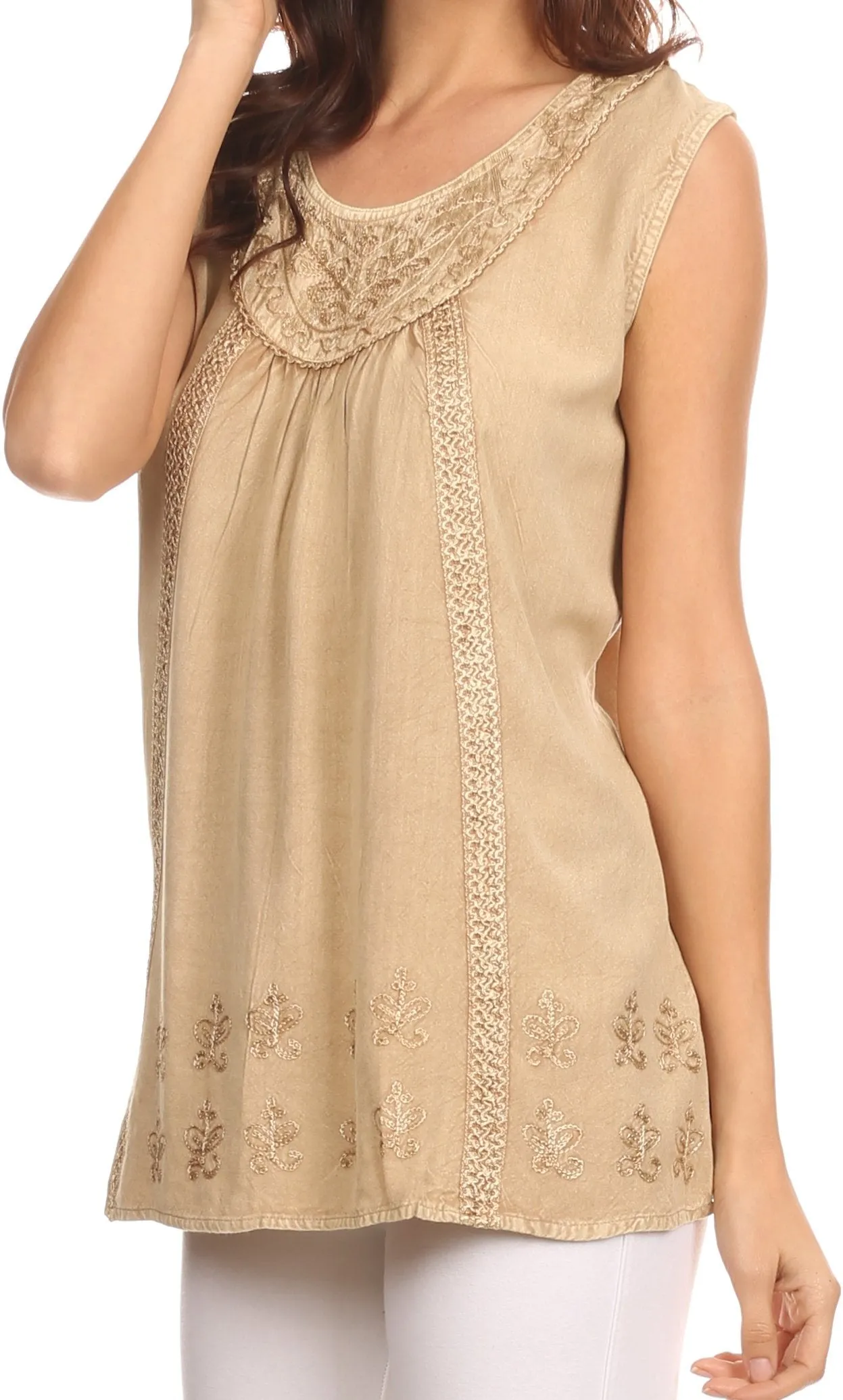 Sakkas Jil Wide Tank Top Sleeveless Embroidered Blouse With Embroidery Lace