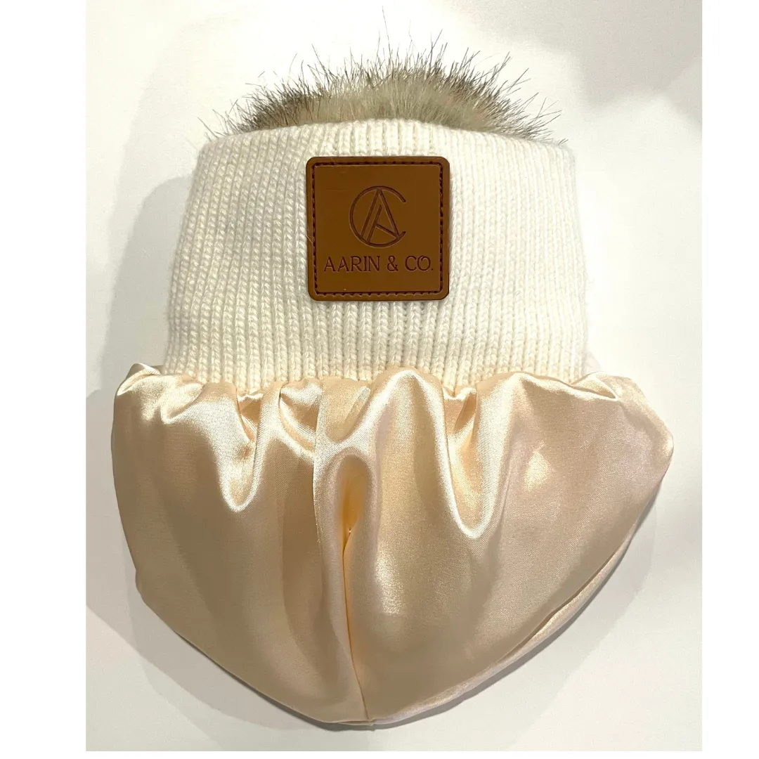 Satin Lined Pom Knit Beanie-White