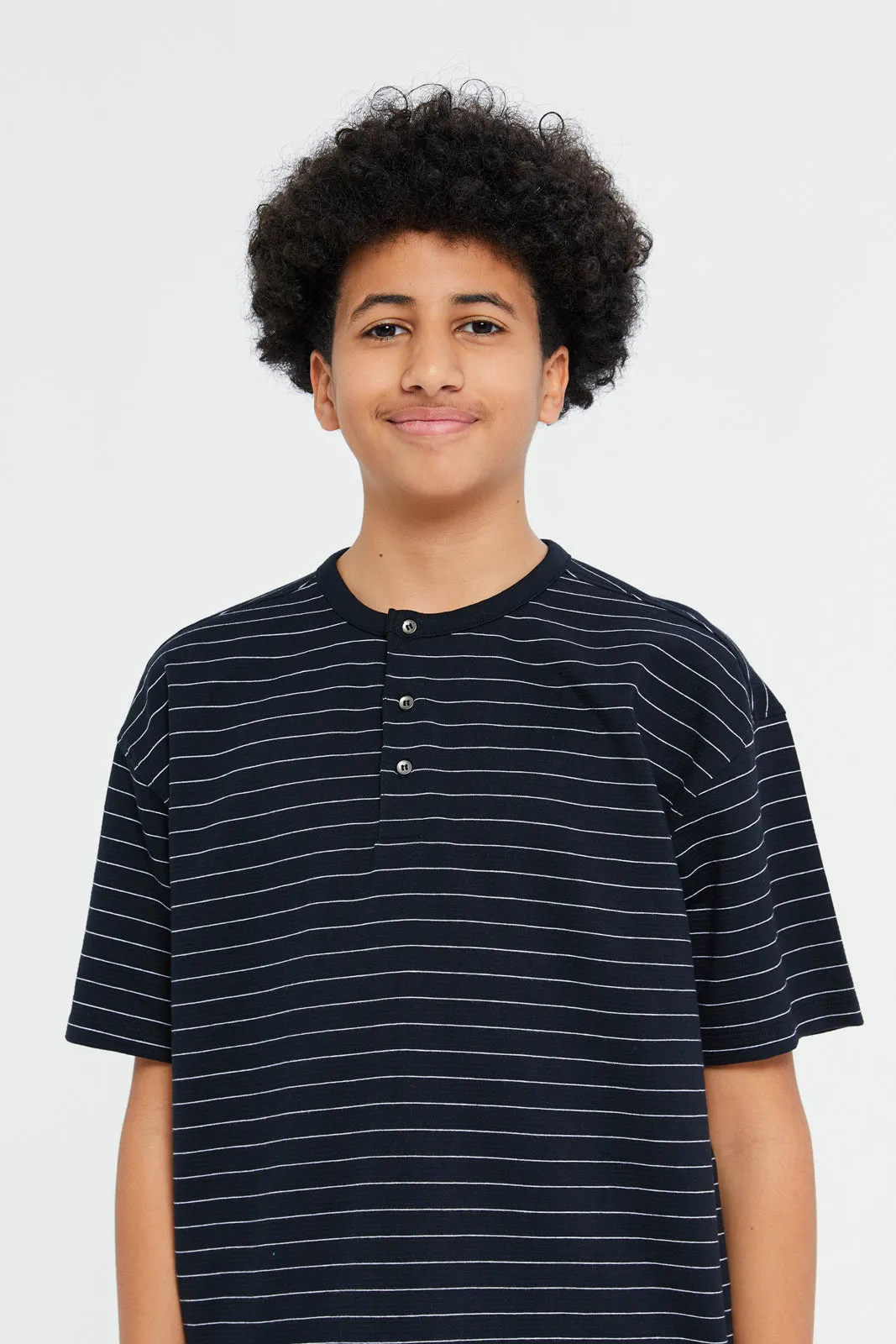 Senior Boys Black And White Oversize Henley T-Shirt