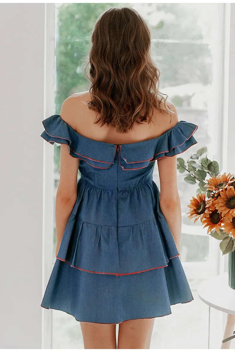 Sexy Off Shoulder Denim Solid Ruffle Bodycon A-line Short Sundress Party Mini Dress