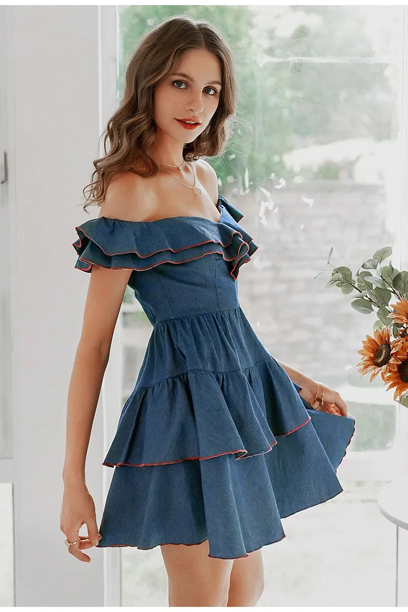 Sexy Off Shoulder Denim Solid Ruffle Bodycon A-line Short Sundress Party Mini Dress