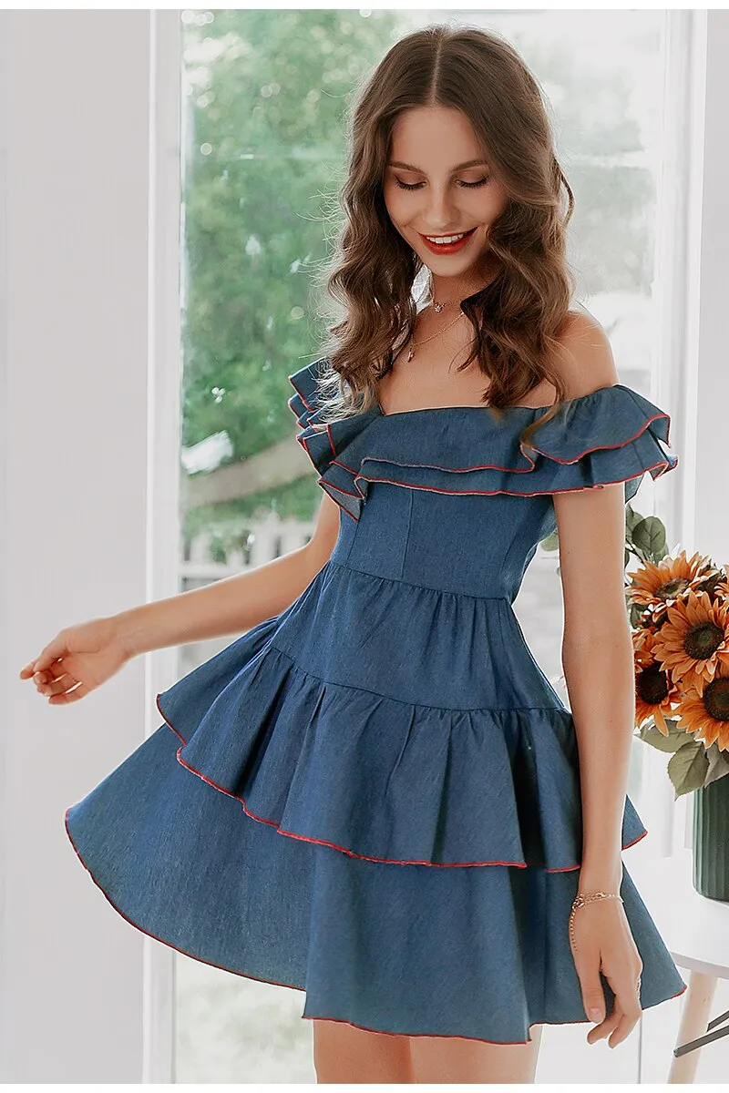 Sexy Off Shoulder Denim Solid Ruffle Bodycon A-line Short Sundress Party Mini Dress