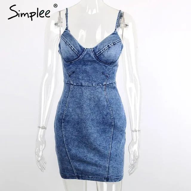 Simplee Apparel Sexy backless 2016 denim dress Women vintage bodycon summer dress Beach party short dresses casual blue vestidos