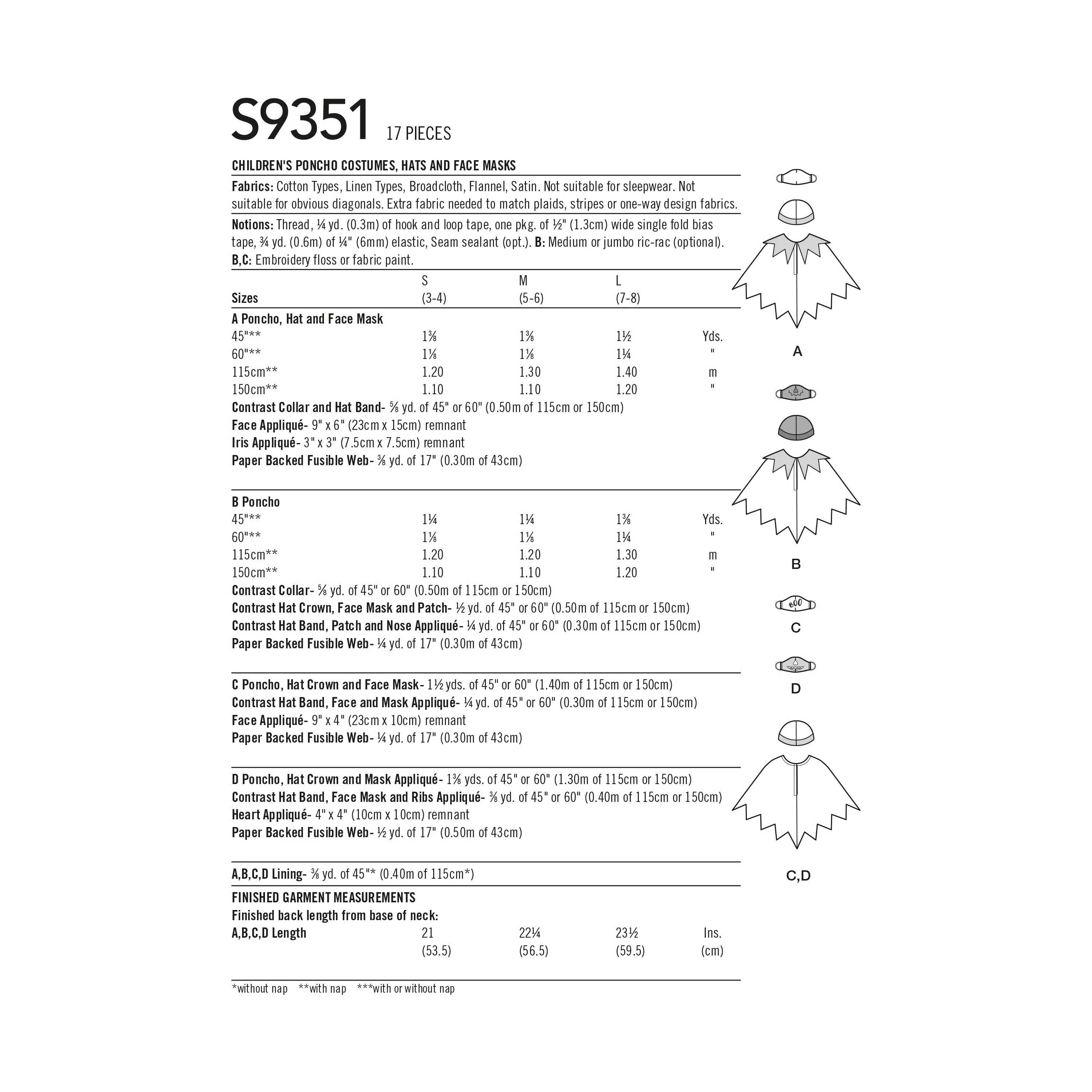 Simplicity Sewing Pattern S9351 Children's Poncho Costumes, Hats and Face Masks