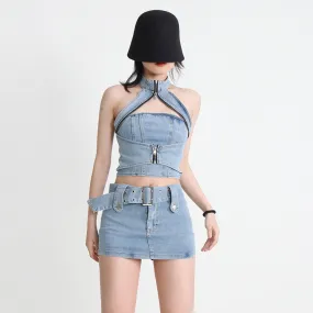 Slim Denim Sets Women Halter Sleeveless Backless Spliced Zipper Top Bodycon Mini Skirt Solid Two Piece Set Female