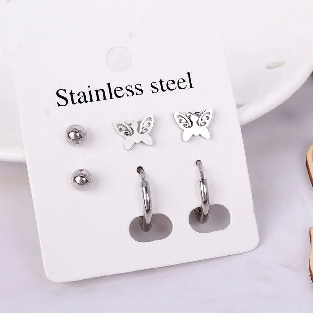 Stainless Steel Earrings Small Cute Butterfly Star Moon Heart Stud Earrings Set Punk Piercing Earing Women's Minimalist Jewelry