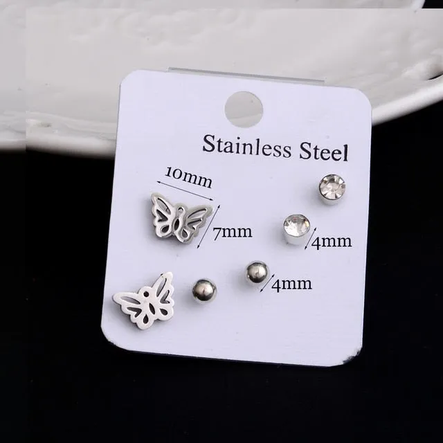 Stainless Steel Earrings Small Cute Butterfly Star Moon Heart Stud Earrings Set Punk Piercing Earing Women's Minimalist Jewelry