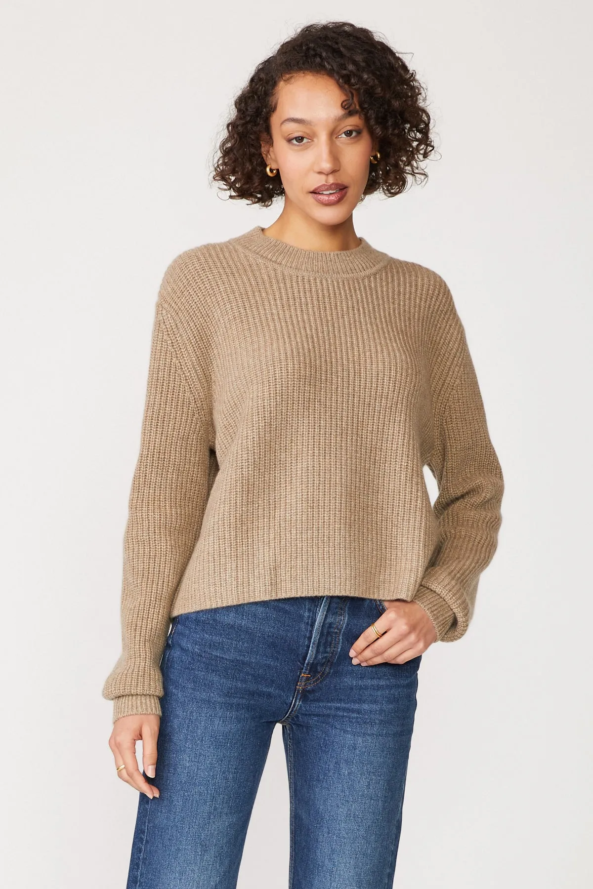 Stateside Ribbed Cashmere Tall Collar Crewneck Sweater in Camel