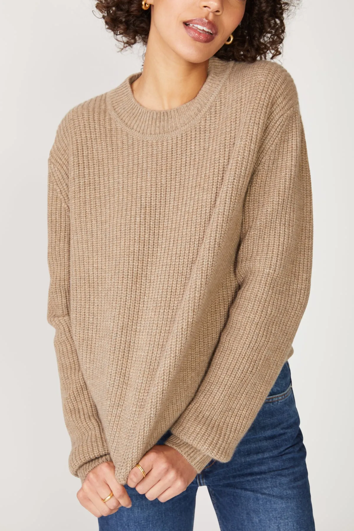 Stateside Ribbed Cashmere Tall Collar Crewneck Sweater in Camel