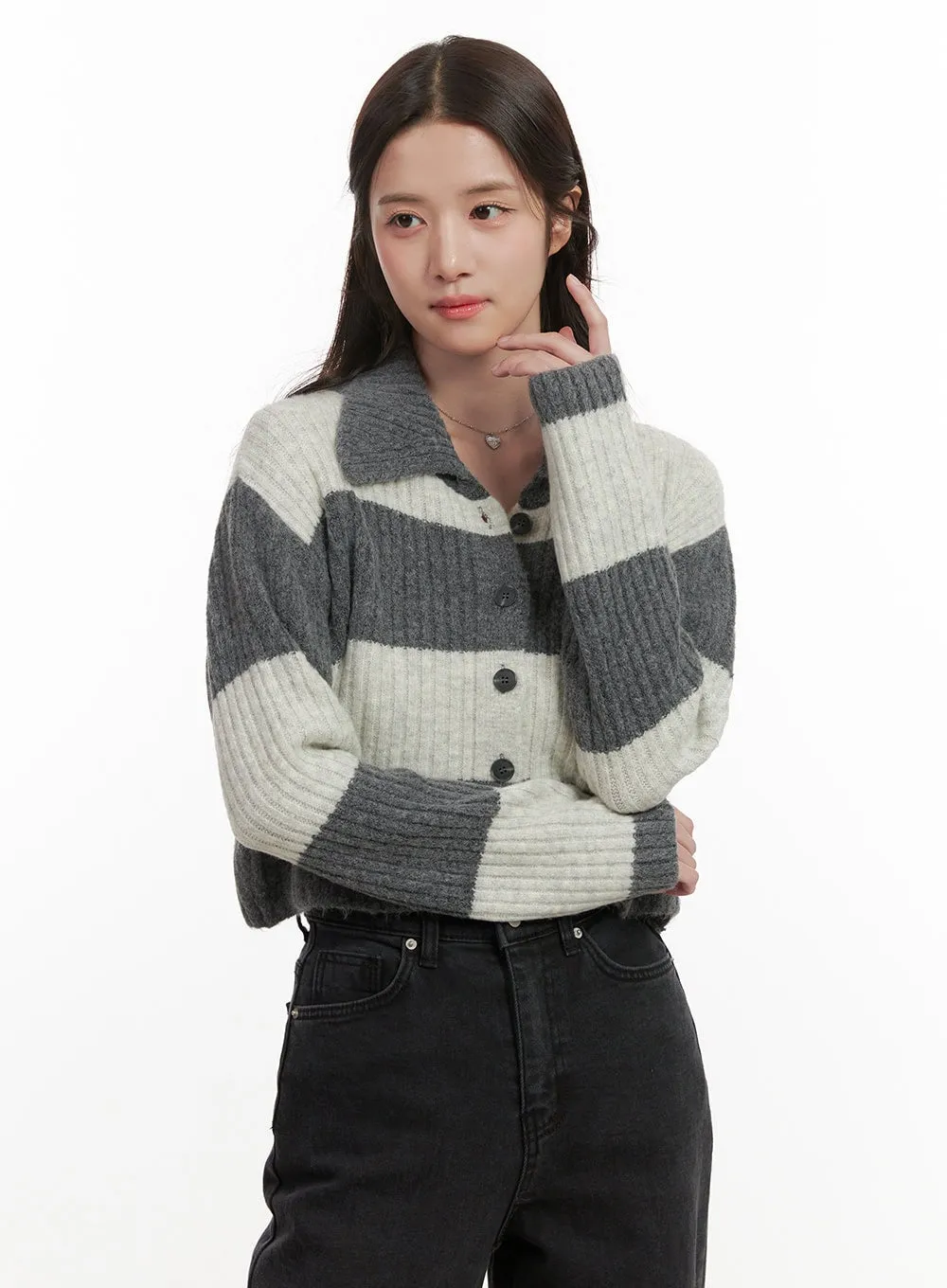 Stripe Buttoned Collar Knit Cardigan ON429