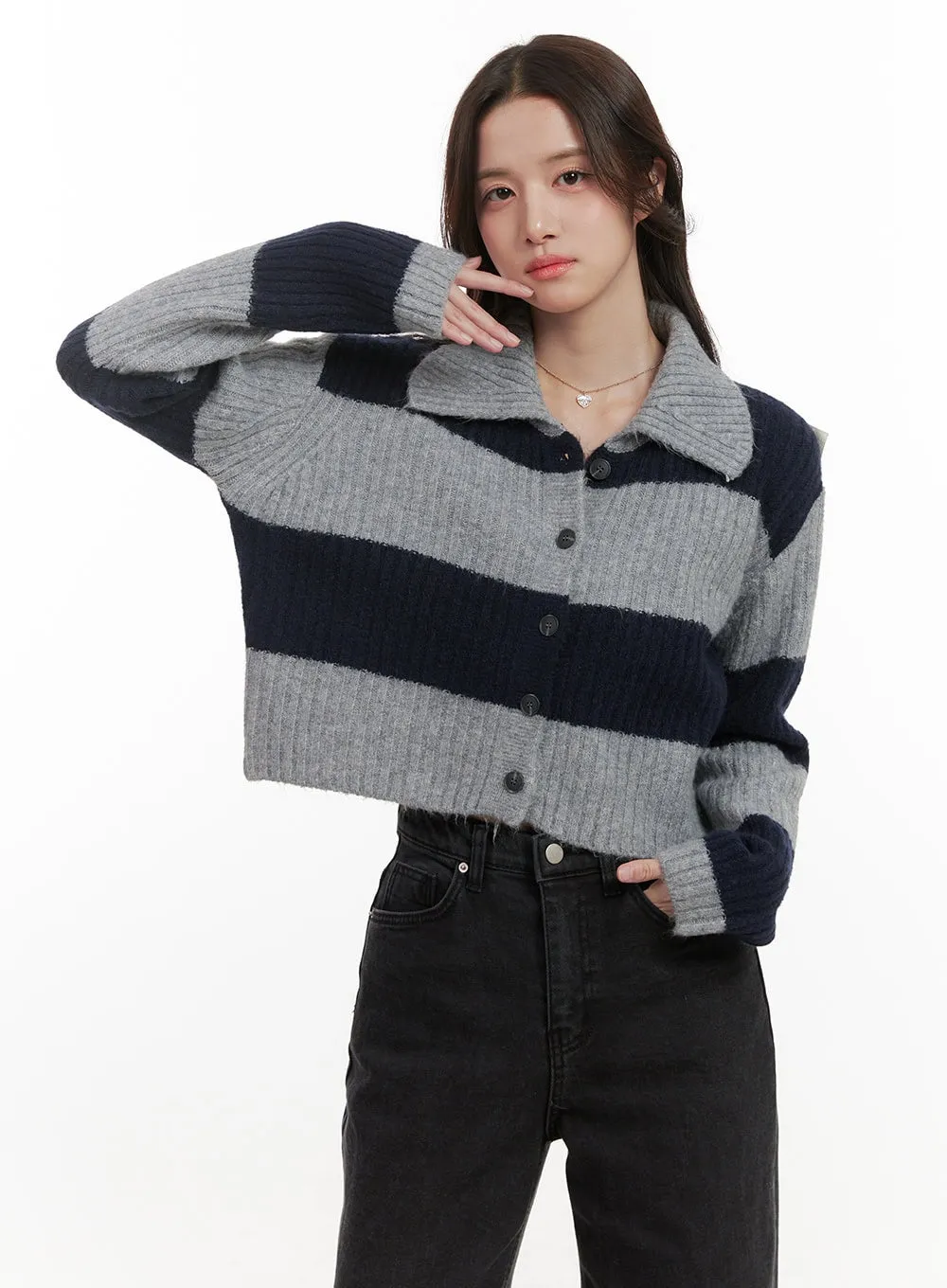 Stripe Buttoned Collar Knit Cardigan ON429