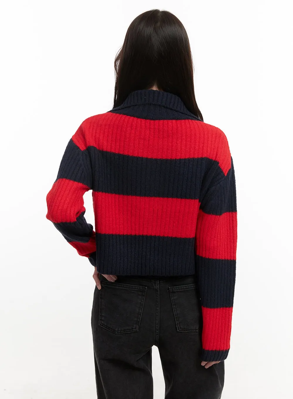 Stripe Buttoned Collar Knit Cardigan ON429